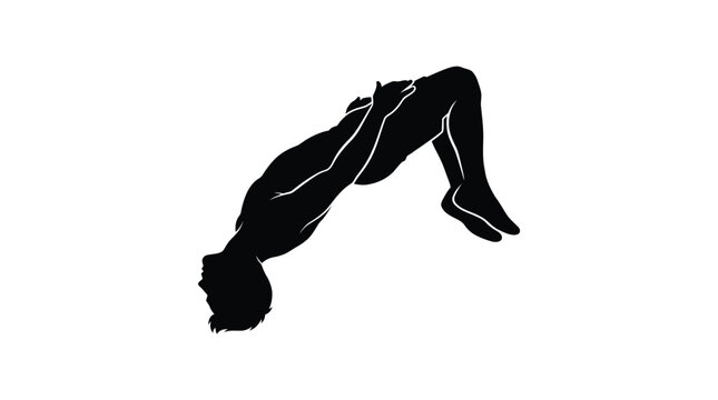 Minimalist vector illustration of a male gymnast performing a dynamic backflip pose in solid black