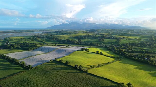 Aerial view of fields and rolling hills with Mourne Mountains during sunset county Down Northern Ireland