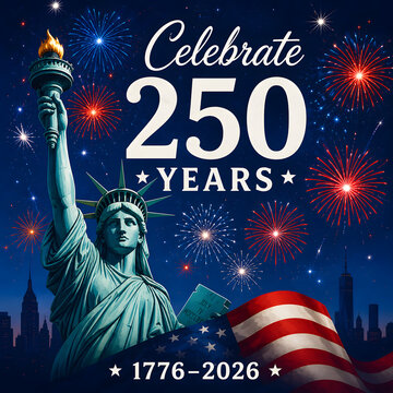 Statue of liberty celebrating 250 years of America with fireworks.