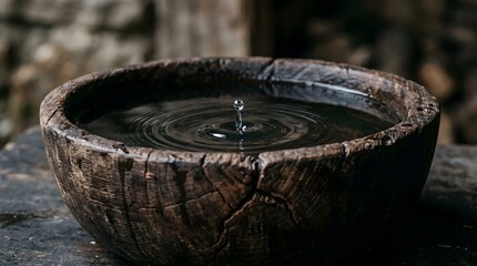 Fototapeta premium Rustic wooden bowl with a single water droplet creating ripples natural texture
