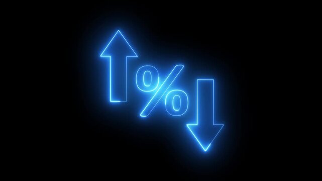 Neon percentage symbol with up and down arrows, financial market fluctuations animation interest rate