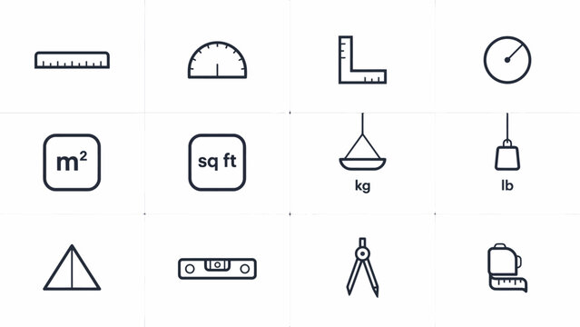 Set of twelve simple measurement and unit icons including ruler, protractor, scale, and weights . Vector Flat Illustration.