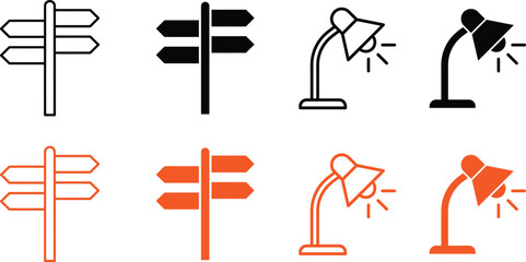 Direction signs and desk lamps icon set for web design © @rayan_rahaman