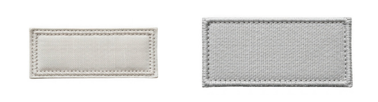 Two blank rectangular embroidered fabric patches isolated on transparent background