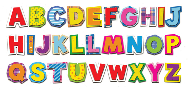 Cutout alphabet font in retro cartoon style. Playful magazine collage lettering with uneven shapes, bold characters and handmade look, childish and doodle typeface for posters, kids projects, educatio