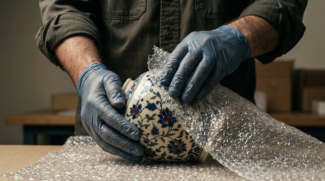 Person wrapping an antique ceramic vase in bubble wrap for safe shipping.