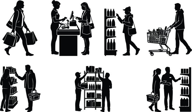 Supermarket shopping and retail store people silhouette set