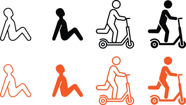 Set of simple icons depicting people riding electric scooters and falling