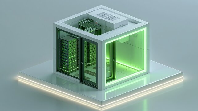 Isometric view of a futuristic server room container featuring glowing green neon lights and hardware equipment