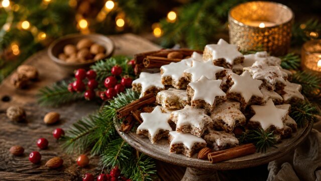 Liebevoll arrangierte Zimtsterne mit Mandeln, Beeren, Tannenzweigen und warmem Kerzenlicht. Traditionell deutsches Weihnachtsgeb&auml;ck in gem&uuml;tlicher Adventsstimmung.
