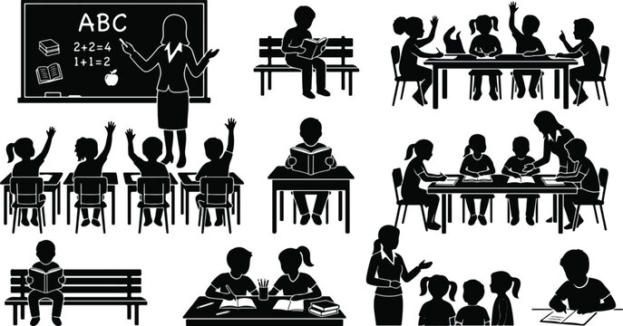 School classroom teacher and students silhouette set