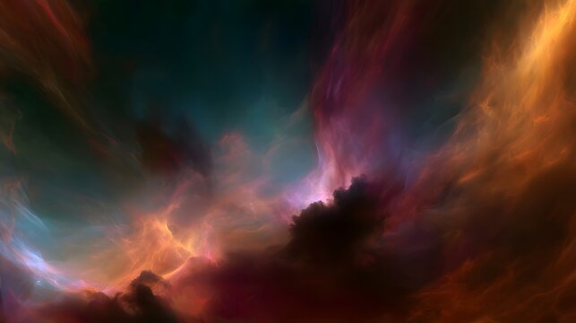 A delicate and geometric cosmic nebula swirls with flowing warm colors creating an ethereal and vibrant space background