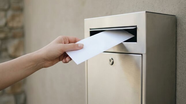 Person hand inserting a white envelope into a modern metal mailbox.