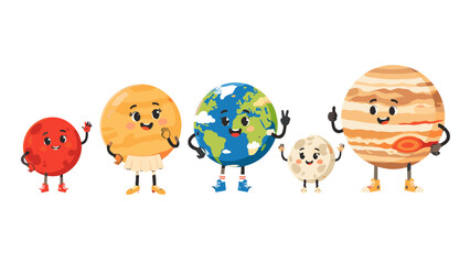 Cute cartoon planets and moon characters isolated on white © Andrei