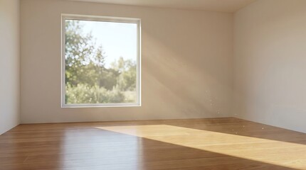 Fototapeta premium Bright and airy empty room with hardwood floors and sunlight streaming through a large window.