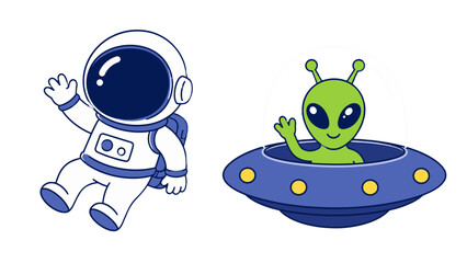 Cartoon astronaut and alien in flying saucer vector set © Andrei