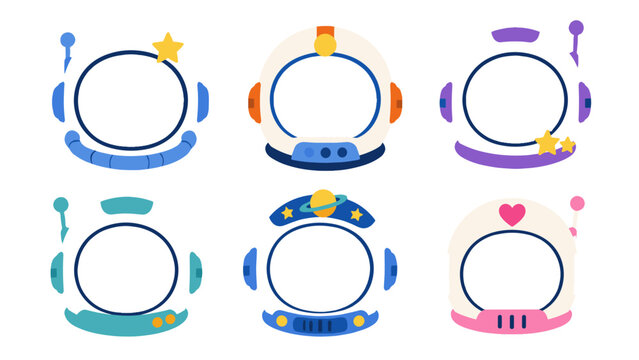 Cartoon astronaut helmet set with colorful space mask frames