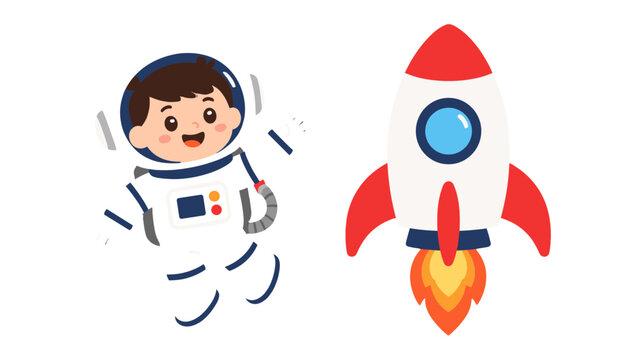 Cartoon astronaut with rocket isolated on white background