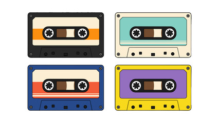 Naklejka premium Set of four colorful vintage cassette tapes in flat vector style