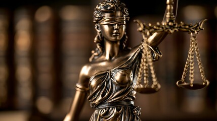 Fototapeta premium Golden statue of Justitia holds balanced scales.