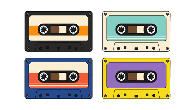 Set of four colorful vintage cassette tapes in flat vector style