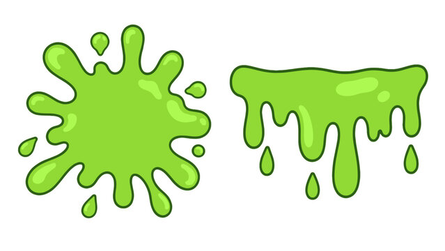 Green cartoon slime splash and dripping goo shapes set