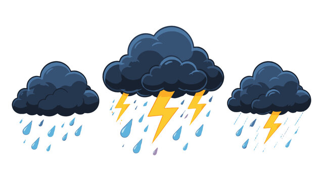 Cartoon storm clouds with rain and lightning bolts set