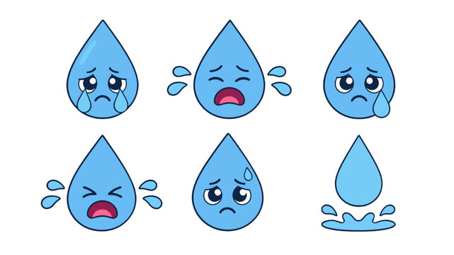 Blue cartoon teardrop characters with crying expressions set