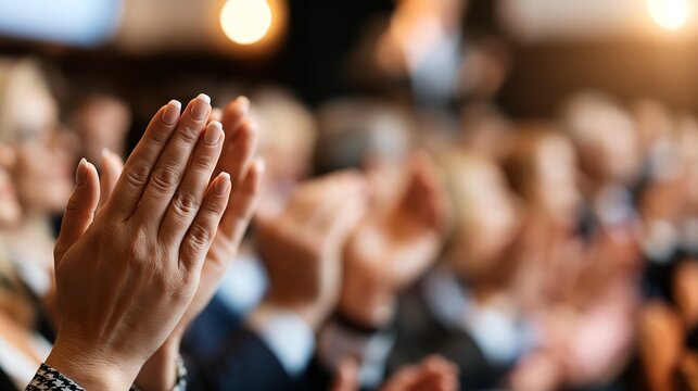 Audience claps enthusiastically in a dimly lit conference hall.