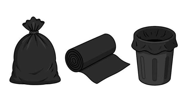 Black trash bags and garbage bin vector set on white