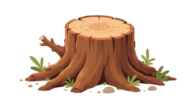 Cartoon tree stump with roots and small plants vector illustration