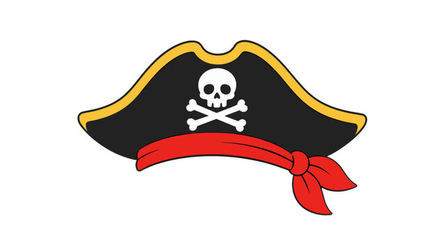 Cartoon pirate tricorn hat with red bandana and skull emblem