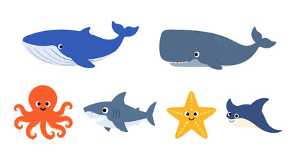 Cute cartoon sea animals sticker set with whale shark and octopus © Andrei