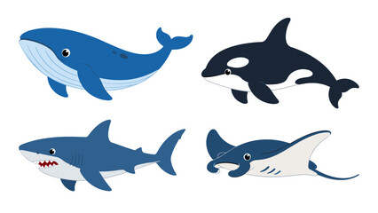 Naklejka premium Cartoon marine animal sticker set with whale, orca, shark and ray