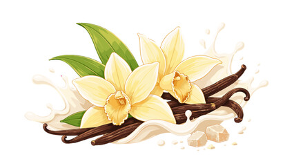 Obraz premium Vanilla flowers, pods, sugar cubes and milk splash illustration