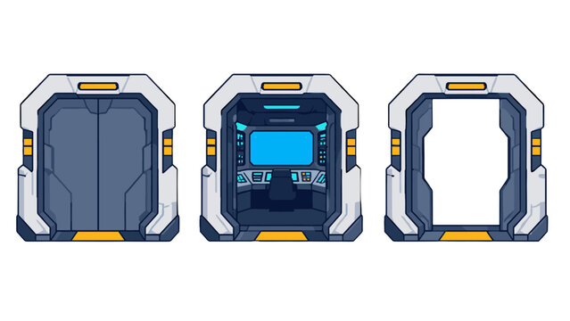 Futuristic spaceship doorway set with closed and open gate views