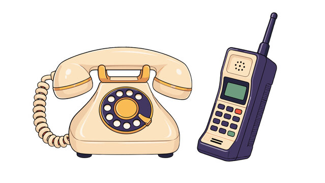 Vintage rotary telephone and retro mobile phone illustration