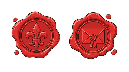 Red wax seals with fleur de lis and envelope stamp icons © Andrei