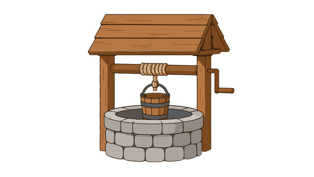 Cartoon stone water well with wooden roof and bucket