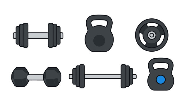 Cartoon gym weights and kettlebell vector icon set
