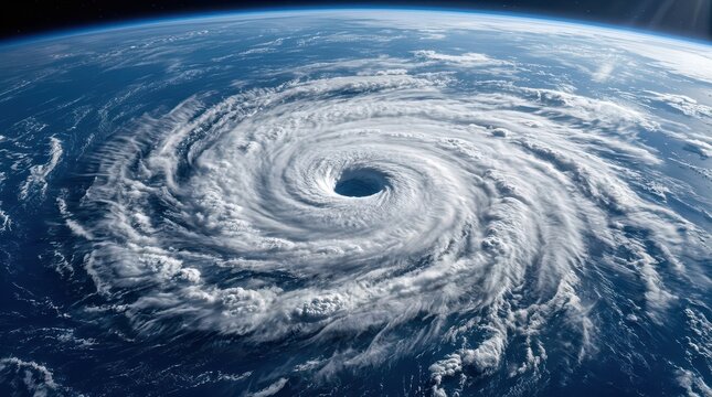 Massive hurricane swirling over dark ocean from space view spiral storm cyclone