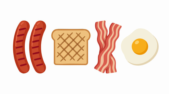 Flat lay illustration of breakfast food items: sausages, toast, bacon, fried egg