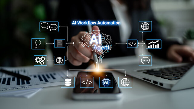 AI Workflow Automation Concept Showing Digital Communication and Management Process with Technology Icons and User Interaction at Office Desk. Entropy.