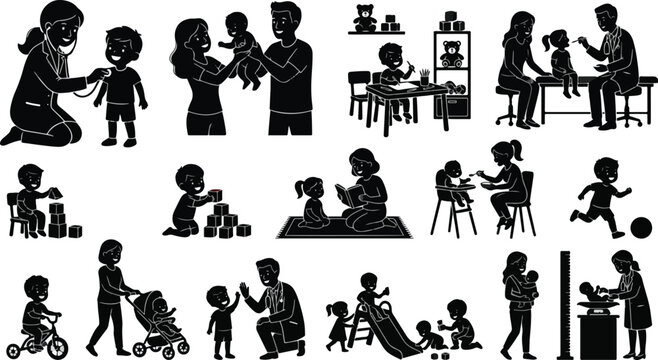 Pediatrician medical checkup and child development silhouette set