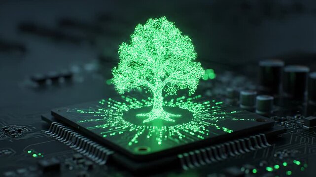 Glowing green tree symbol embedded on a computer chip, symbolizing technology and nature's synergy