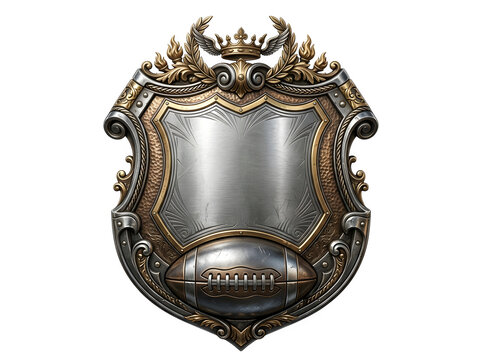 American football shield emblem with crown and gold accents isolated on transparent background