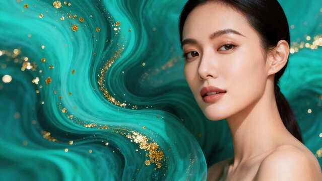 Woman with teal and gold abstract background