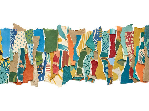 Vibrant collage of torn colorful paper pieces on transparent background