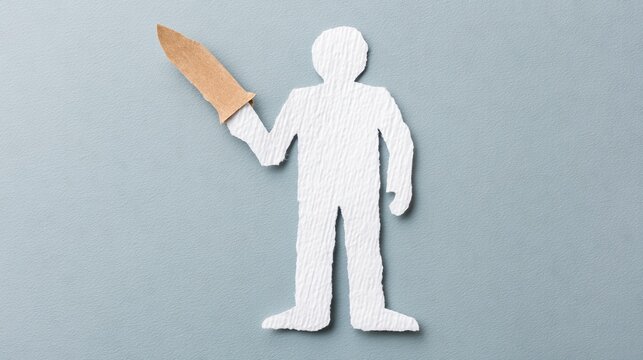 A white paper cutout figure holds a large, brown paper knife against a textured gray background.
