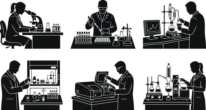 Laboratory science research and scientist silhouette set